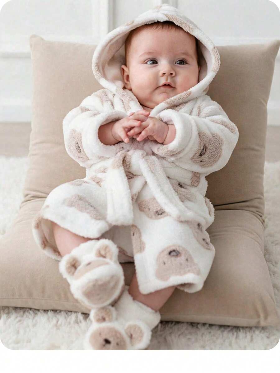 Áo choàng dài tay có mũ, thắt eo, chất liệu nỉ dày dặn, họa tiết gấu hoạt hình, dành cho bé gái, màu hồng. - trắng - Xem 1