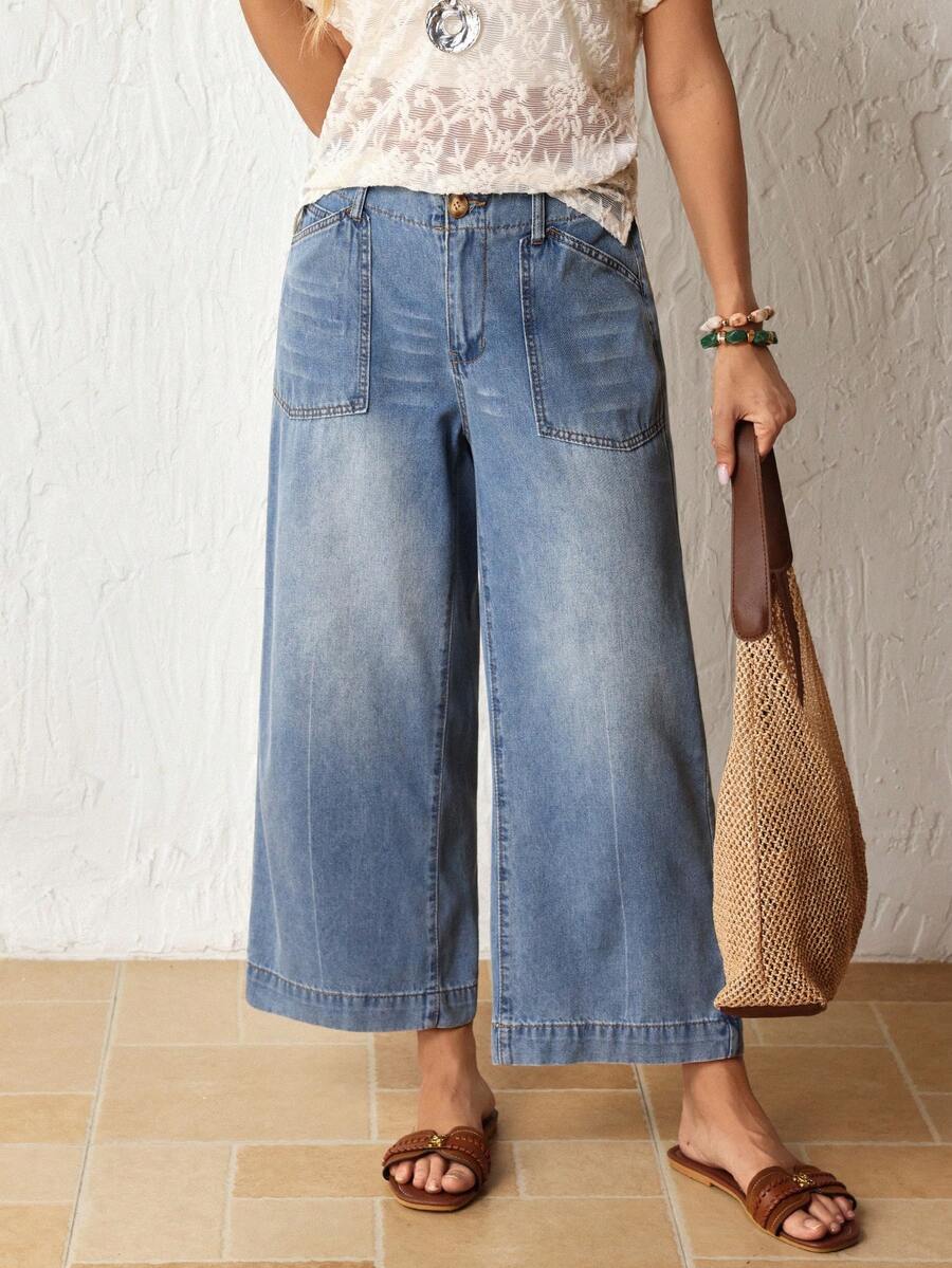 Women's Fashion Versatile Pocketed Zipper Loose Fit Jeans - Blue - View 1