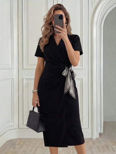 Miaspire Women's V-Neck Knotted Waist Casual Party Dress, Summer Dress,Dress For Going Out ,Elegant Dresses For Women,Black Formal Dress For Women,Black Dress,Silk Scarf Tie