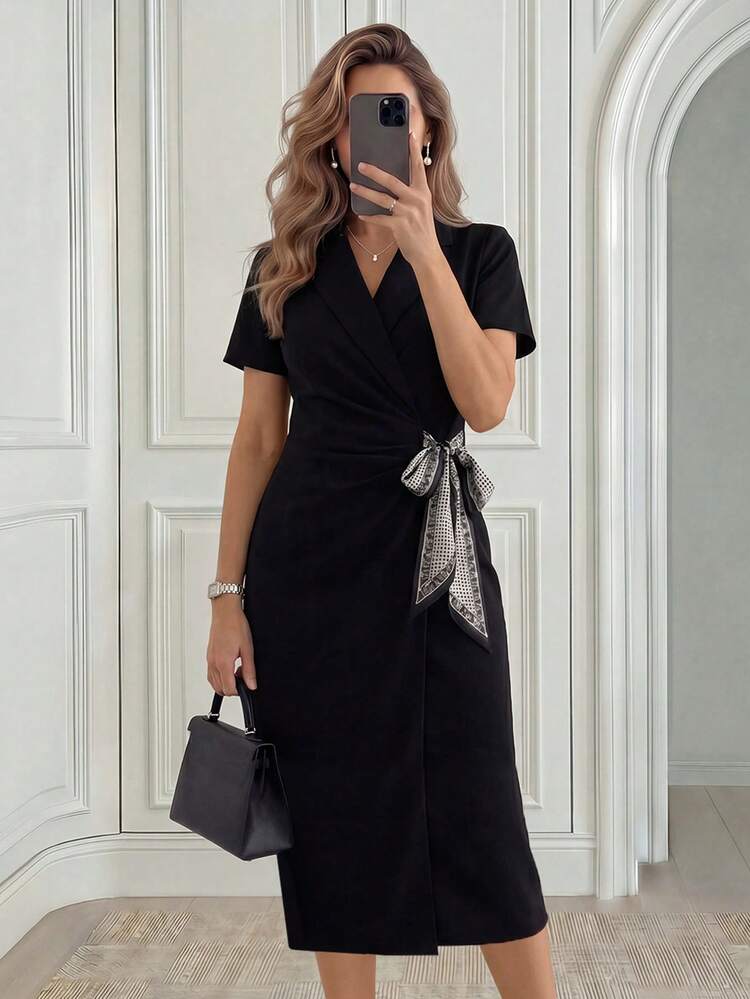 Women's V-Neck Knotted Waist Casual Party Dress, Summer Dress,Dress For Going Out ,Elegant Dresses For Women,Black Formal Dress For Women,Black Dress,Silk Scarf Tie