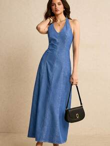Poéselle Women's V-Neck Backless Denim Dress Vacation Light Blue Autumn Casual - Medium Wash - View 4