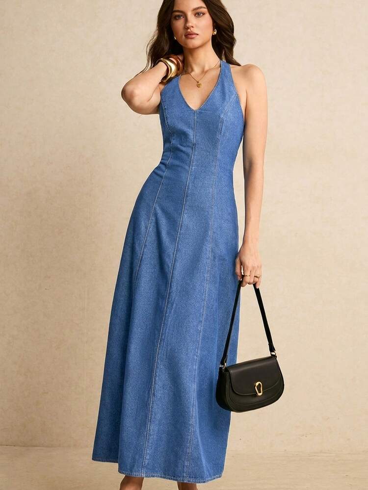 Poéselle Đầm denim hở lưng cổ chữ V dành cho nữ - Rửa trung bình - Xem 4