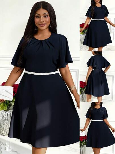 Villa Velisse Plus Size Women's Spring/Summer Woven Fabric Turndown Collar Short Sleeve Cinched Waist A-Line Loose Casual Elegant Dress For Daily Evening Office