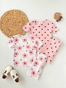 SHEIN 4件套可爱休闲针织女童爱心花朵图案短袖家居服套装 - 粉色 - 查看 5