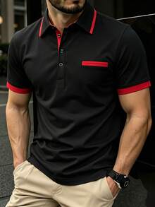 Manfinity Mode Camisa polo con ribete de contraste para hombres, camisa polo negra y roja, camisa polo de golf para hombres, camisa polo de manga corta, formal - Negro - Ver 3