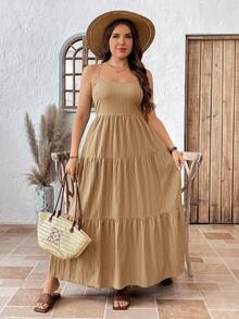 Freevana Vestido bohemio de tirantes finos en color crema amarillento, vestido largo con bordado floral dorado en la cintura acampanada, vestido holgado y favorecedorcon estilo vintage para vacaciones de verano - Caqui 2 - Ver 5