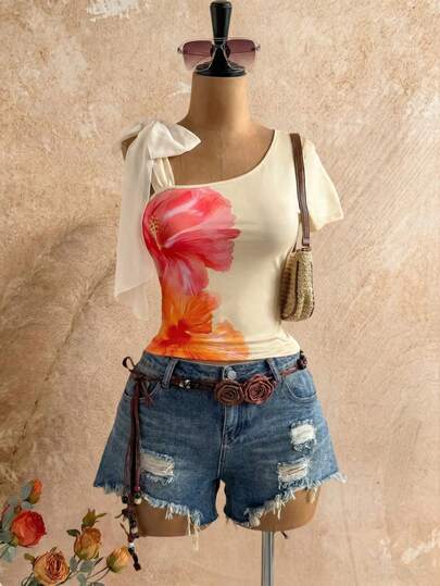SHEIN Franclia Leopard Print Tie-Up Slim Fit Cropped Shoulder T-Shirt For Women, Y2K Style