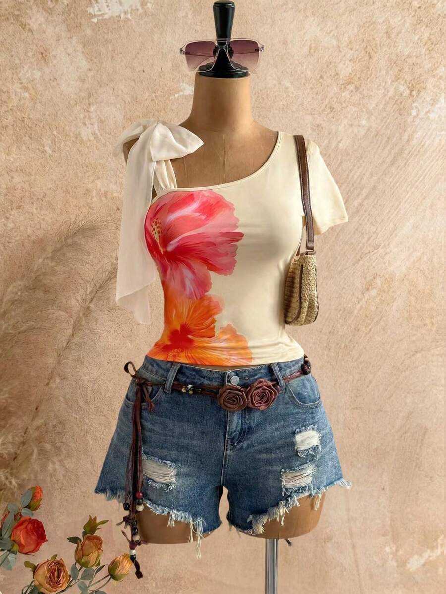SHEIN Franclia Áo thun nữ dáng ôm, thắt nơ, vai ngắn, họa tiết da báo, phong cách Y2K. - Màu be - Xem 1