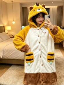 1 Áo choàng ngủ nữ hình ong dễ thương bằng vải lông cừu, đồ mặc nhà dày dặn ấm áp bằng vải flannel có mũ trùm đầu, đồ ngủ mùa đông mềm mại tay dài cổ tròn, hoàn hảo làm quà tặng năm mới hoặc ngày Valentine. - Nhiều màu - Xem 3