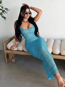 SHEIN SXY 女士镂空修身性感吊带连衣裙，蓝色 - 藍色 - 查看 3