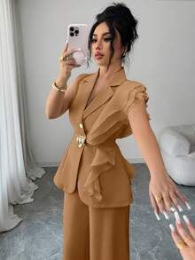 SHEIN Elenzya 女士优雅杏色奢华正式礼服套装，亮片欧根纱荷叶边领系腰西装外套套装，包括无袖外套和直筒裤，酒红色，适合万圣节、圣诞节、新年派对、毕业典礼、婚礼和其他场合。 - 摩卡棕 - 查看 6