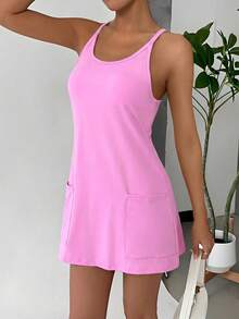 SHEIN EZwear 女士休闲纯色吊带连衣裙，适合夏季日常通勤 - 粉色 - 查看 5