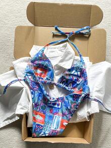 Bộ bikini nữ gồm dây chuyền in họa tiết ngẫu nhiên, trang sức kim loại, thích hợp cho mùa xuân/hè. - Nhiều màu - Xem 2