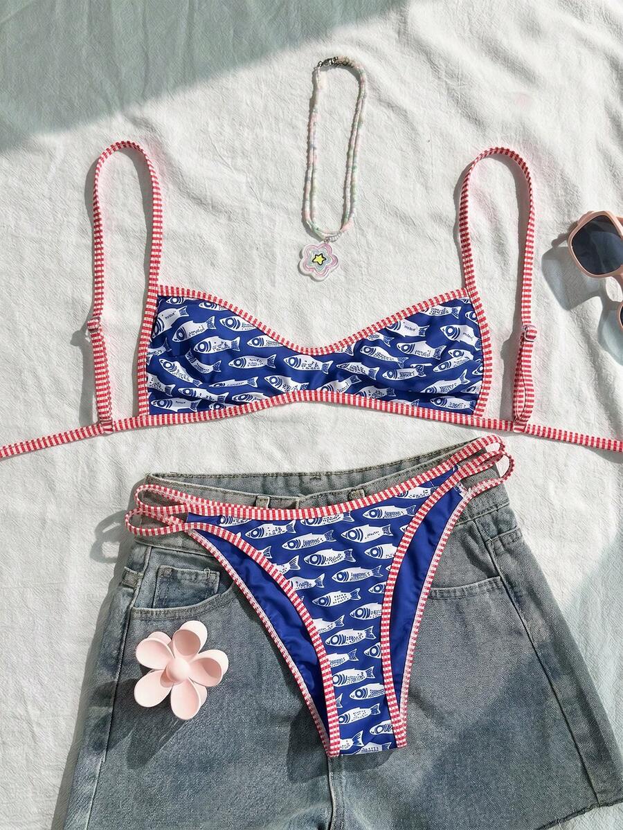 Swim Mod Conjunto de bikini de 2 piezas de ropa de playa casual de verano para mujer con estampado de rayas y peces de unicolor, con tirantes ajustables y reversible - Multicolor - Ver 1