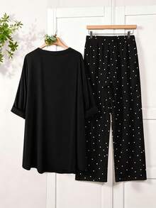Rusticease Casual Minimalist Polka Dot Pattern Top And Loose Wide-Leg Pants 2 Pieces Set, Suitable For Spring/Summer, Office, Travel, Plus Size Fall - Black - View 3