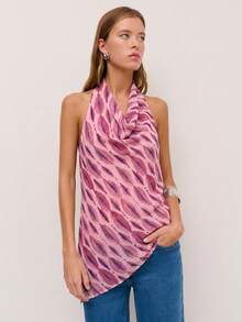 Nöista Floral Chiffon Halter Top With A Sleeveless Silhouette, Asymmetrical Hem And Lightweight Fabric For Summer Vacation Styling. Fall, Summer - Multicolor - View 4