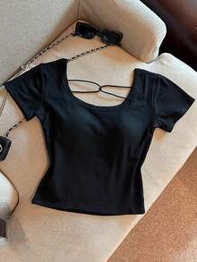 Franclia Plus Size Women Solid Color Hollow Out Padded Camisole Short Sleeve T-Shirt - Black - View 2