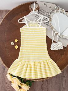 SHEIN Elladie kids 小女孩时尚甜美彩虹条纹吊带露背连衣裙，夏季度假装 - 黃色 - 查看 3