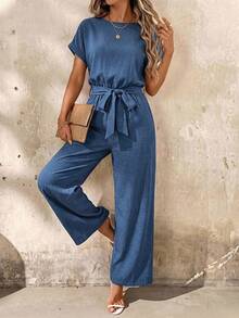 SHEIN Clasi Bộ jumpsuit nữ kiểu dáng giản dị, tối giản, màu trơn, chất liệu móc len, tay cánh dơi, có thắt lưng, thích hợp cho kỳ nghỉ xuân/hè. - Màu xanh lam - Xem 9