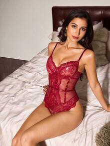 Slumberist Women's Sheer Lace Backless Camisole Bodysuit - Burgundy - View 5