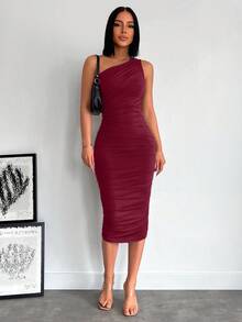 EURMUSE Women's Solid Color Minimalist Casual Asymmetrical Shoulder Dress - Burgundy - View 4