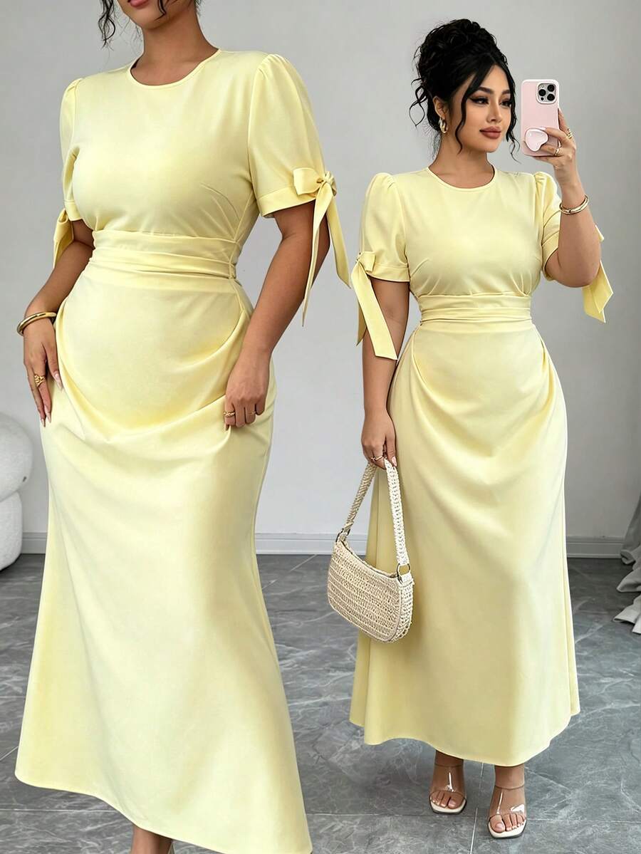 Elenzga Vestido de vacaciones elegante y ajustado de unicolor para tallas grandes - Amarillo - Ver 1