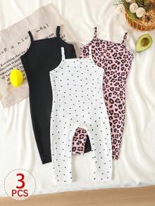SHEIN Bộ đồ đôi cho bé gái và mẹ, kiểu dáng thường ngày, dễ phối đồ, gồm áo hai dây và quần legging ôm sát, chất liệu gân, màu đen + xám tro + họa tiết da báo. - Nhiều màu - Xem 1