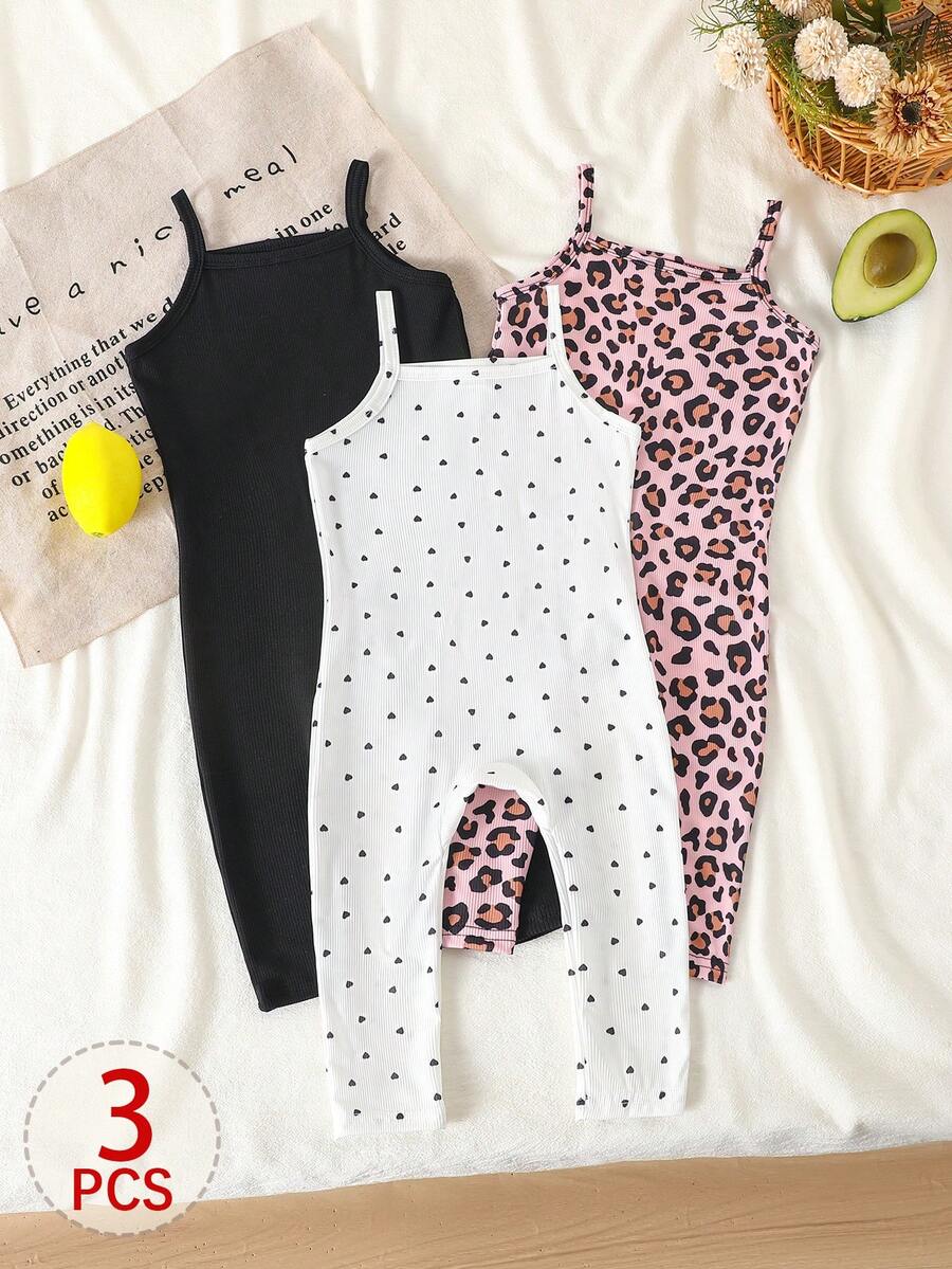 SHEIN Bộ đồ đôi cho bé gái và mẹ, kiểu dáng thường ngày, dễ phối đồ, gồm áo hai dây và quần legging ôm sát, chất liệu gân, màu đen + xám tro + họa tiết da báo. - Nhiều màu - Xem 1