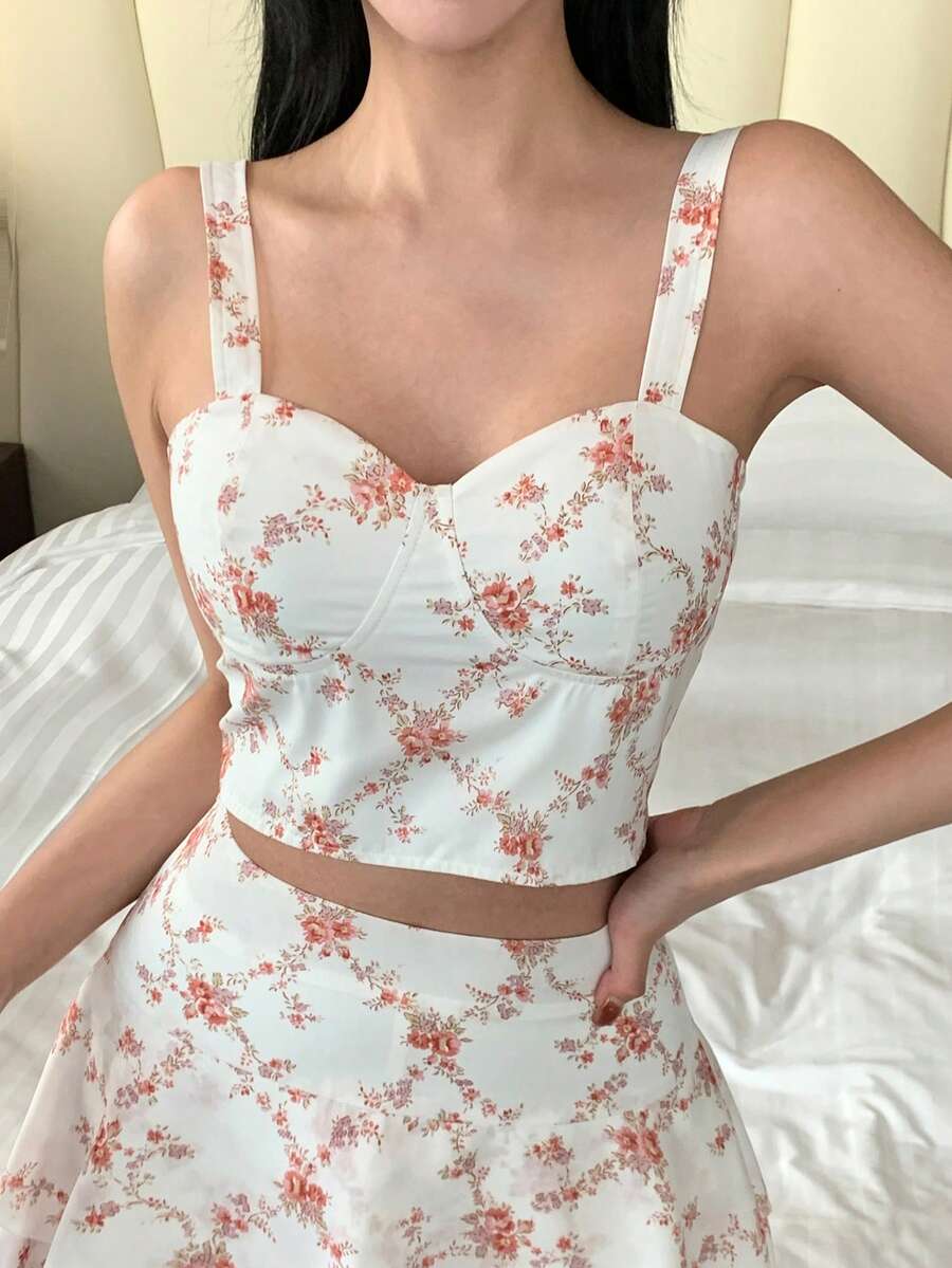 女士夏季沙滩度假碎花短款吊带背心和多层半裙两件套 - 白色 - 查看 1