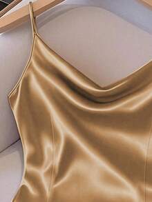 GlowEve Women's Shiny Woven Fabric Sleeveless Gathered Waist Fitted Casual Camisole, Suitable For Spring, Autumn And Winter - Brown - View 4