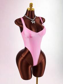 Amplova 2026 New Solid Color Basic Deep V-Neck Padded Sexy Bodysuit, Suitable For Sports, Casual Outings And Parties - Pink - View 3