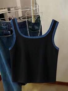 Tween Girl Contrast Trim Scoop Neck Casual Tank Top - Black - View 2