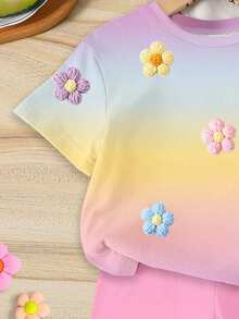 SHEIN Bộ 2 món cho bé gái, áo tay ngắn cổ tròn và quần short bó sát màu hồng nhạt in kỹ thuật số họa tiết cầu vồng chuyển màu phối 5 bông hoa, thích hợp cho mùa hè đi học, ở nhà, dã ngoại, trang phục hè dễ thương, phong cách Hàn Quốc. - Nhiều màu - Xem 6