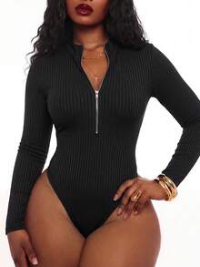 Radiana Plus Size Women Comfortable Casual Long Sleeve Zip-Up Bodysuit For Autumn/Winter Black - Black - View 3