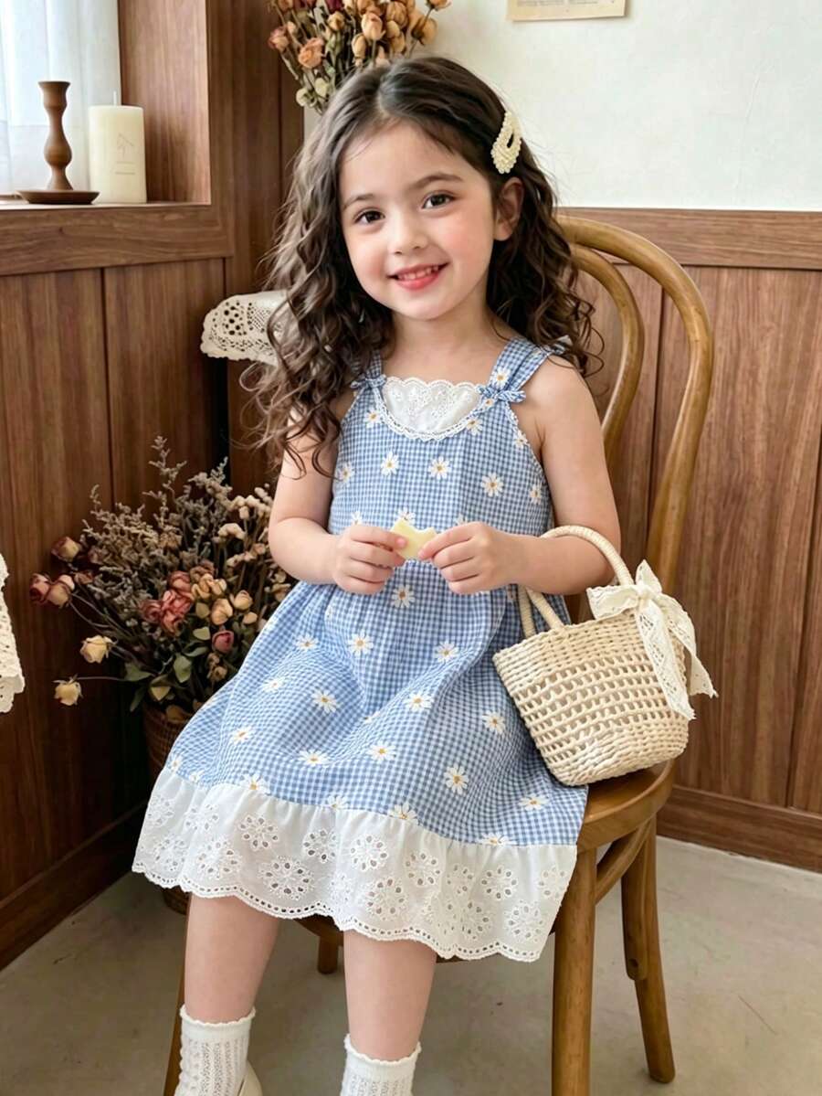 Elladie kids Đầm không tay xếp ly họa tiết hoa cúc kẻ caro cho bé gái, viền thêu, dáng rộng, ngọt ngào và thoải mái, thích hợp cho mùa hè, đi biển, nghỉ mát. - Màu xanh lam - Xem 1
