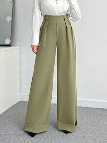 SHEIN Tall 女款純色高腰寬腿長褲，適合高個女性 - 橄欖綠 - 查看 5