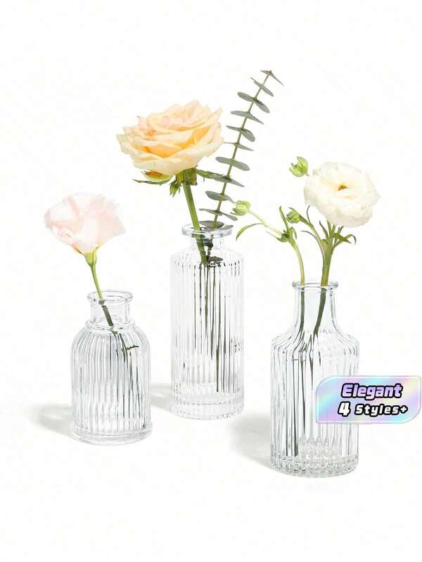 1 of 3 glazen vazen, kleine vaas in bulk, mini geribbelde vaas, decoratieve vaas in het midden, transparante vintage vaas voor op tafel, bruiloft, feest, bruiloftsdecoraties, receptie, woondecoratie, woonkamerdecoratie, cadeaus, verjaardagen, afstuderen