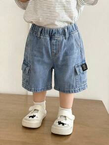 Baby Boy New Fashion Casual Soft Cute Boho Patch Decor Loose Fit Denim Long Jeans Cargo Shorts Spring Summer,For Baby Spring/Summer Dailywear,Streetwear,Beach,Vacation For,Casual For Baby,Graphic Shorts,Shorts,2-Year-Old Shorts,Summer Shorts,Casual Shorts - Medium Wash - View 5