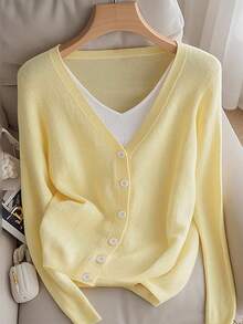 SHEIN Franclia Nuevo estilo de suéter de punto ligero y versátil para mujer, de color amarillo minimalista, elegante y apropiado para ir al trabajo, ideal para primavera y otoño - Amarillo - Ver 1