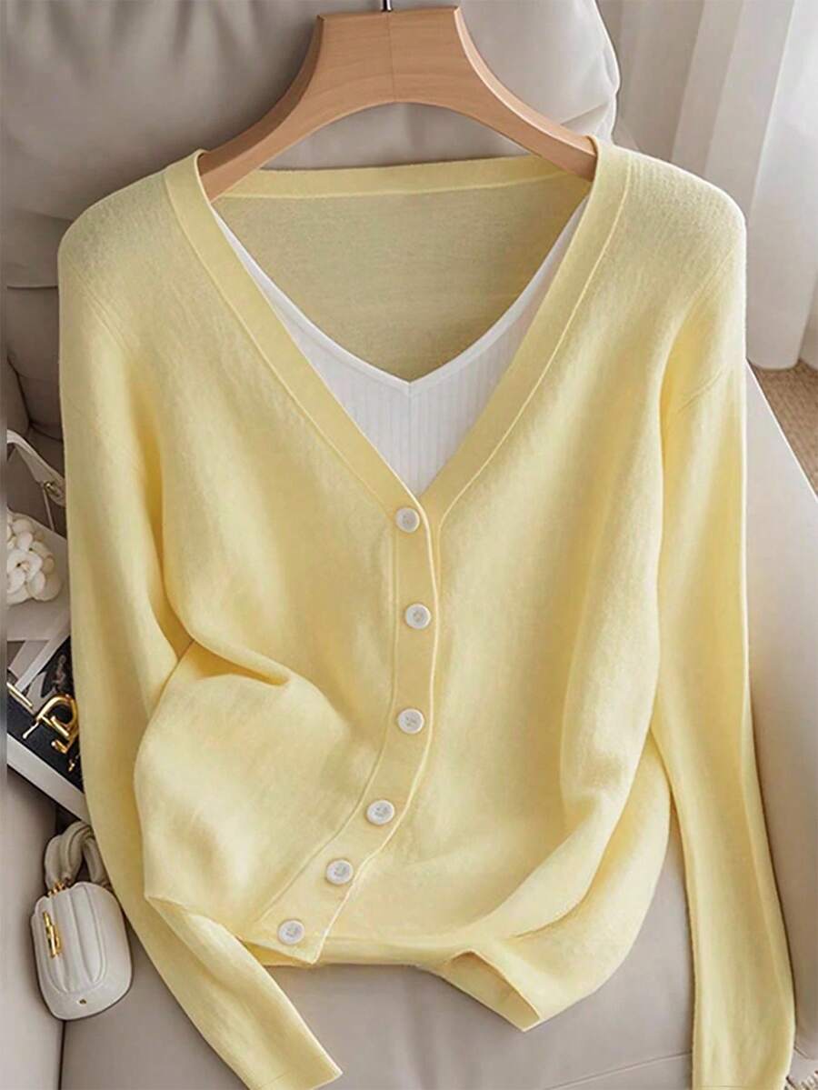 SHEIN Franclia Nuevo estilo de suéter de punto ligero y versátil para mujer, de color amarillo minimalista, elegante y apropiado para ir al trabajo, ideal para primavera y otoño - Amarillo - Ver 1
