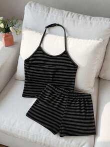 SHEIN 2pcs/Set Girls' Casual Adjustable Spaghetti Strap Top And Shorts Set,Classic Black Gray Striped Outfit For Spring/Summer,School,Daily Wear,Work - Grey - View 2