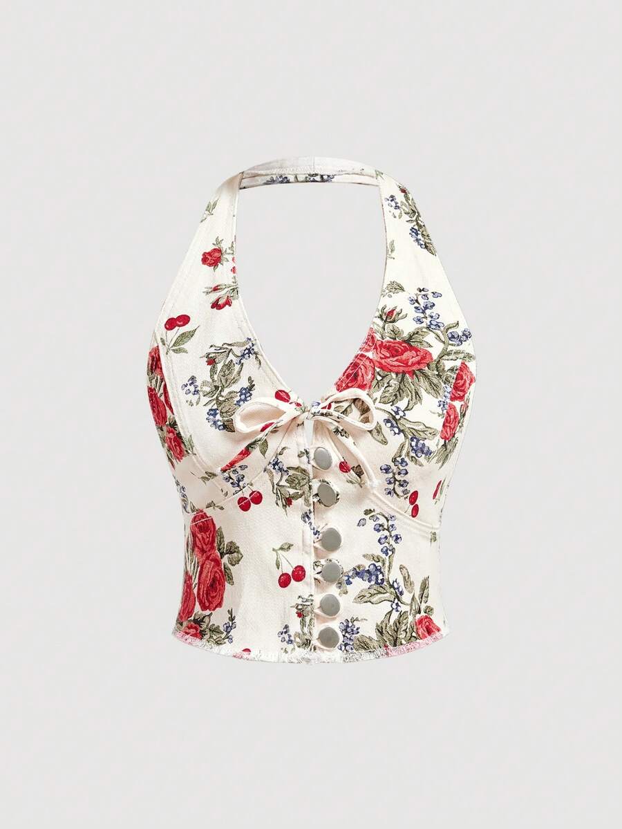SHEIN MOD Women's Floral Pattern Single-Breasted Bow Decor Halter Denim Jacket - White - View 1