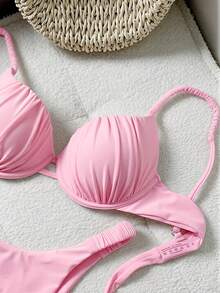 Bonvoyette Vacation Rigid Cup Steel Framed Spaghetti Strap Bikini Set With Triangle Bottoms - Pink - View 2
