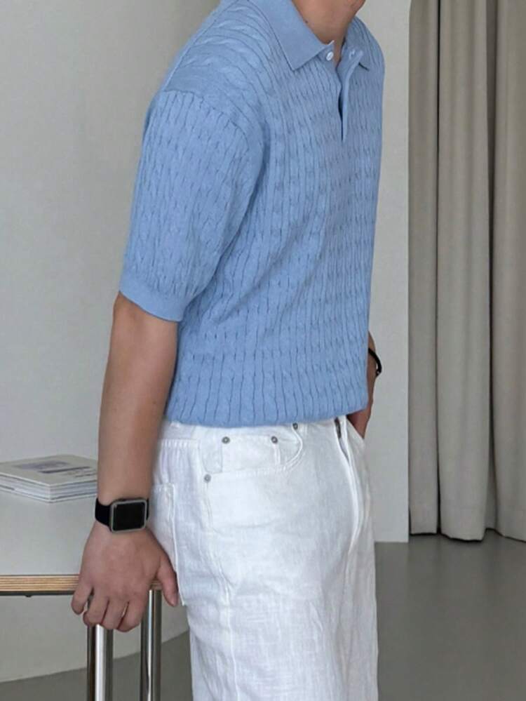 Men's Short Sleeve Blue Polo Knit Top, Summer