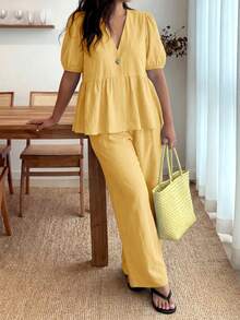 Enliva Plus-Size Women's Ruffled Puff Sleeve Two Pieces Set, V-Neck Cardigan Top And Stretch Waist Trousers Set - Yellow - View 4