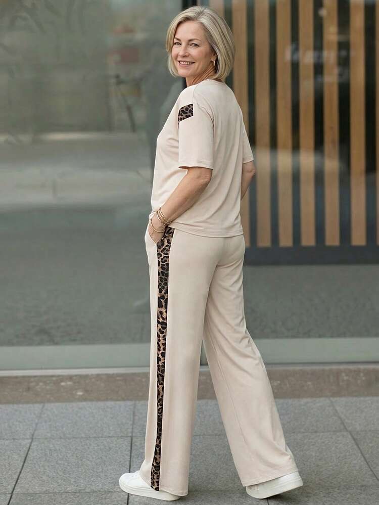 Middle-Aged & Elderly Women's Leopard Print Patchwork Round Neck Short Sleeve T-Shirt And Pants Set