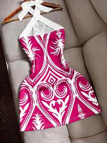 Franclia Sexy Fitted Halter Tie Waist Printed Color Block Mini Dress, Casual Beach Holiday Travel For Women - Hot Pink - View 2