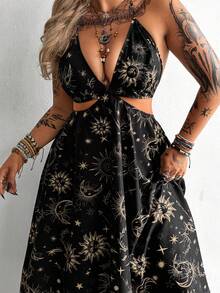 Flirla Plus Size Sexy Backless Halter Starry Sky Print Dress For Vacation - Black - View 6