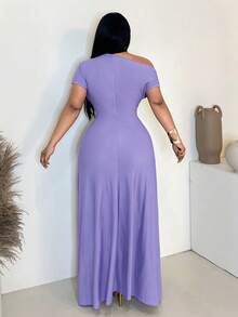 Maweii Plus Size Women's Solid Color Asymmetric Shoulder Ruched Split Elegant Waist Gathering Dress, Suitable For Party And Outing - Purple - View 2