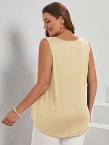 SHEIN LUNE Plus Size Women V-Neck Casual Versatile Tank Top - Beige - View 2